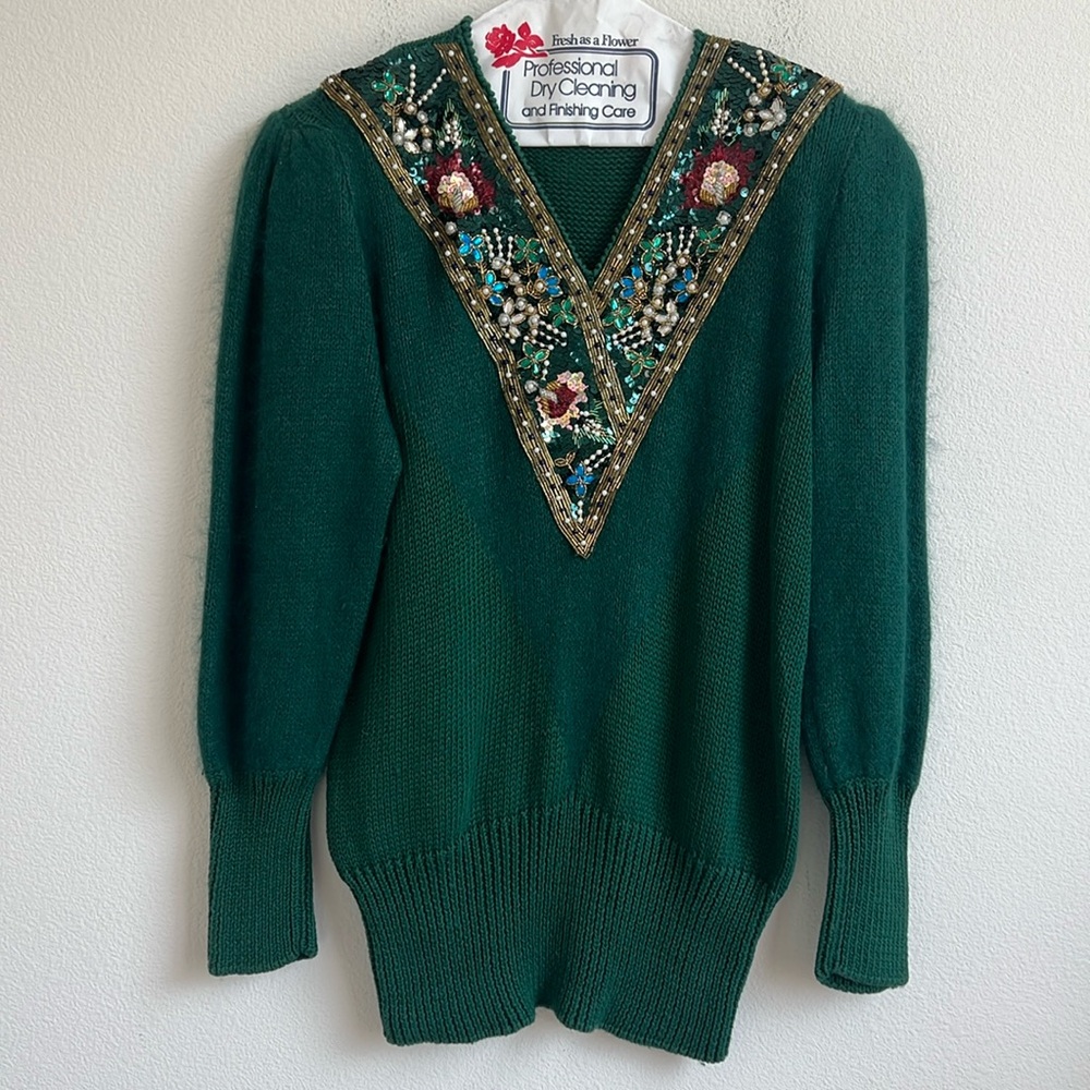 Vintage 80s Embellished Beaded Green Angora V Neck Sweater